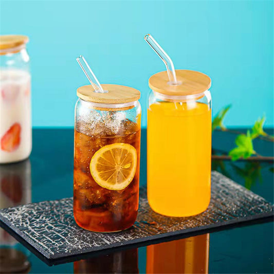 Glass Cup With Bamboo Wood Lid + FREE Glass Straw